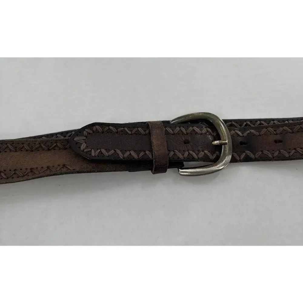 Vtg Belt Mens Cowhide Soft Leather Edge Stitch Brown Cowboy Rodeo Western Sz 40‌